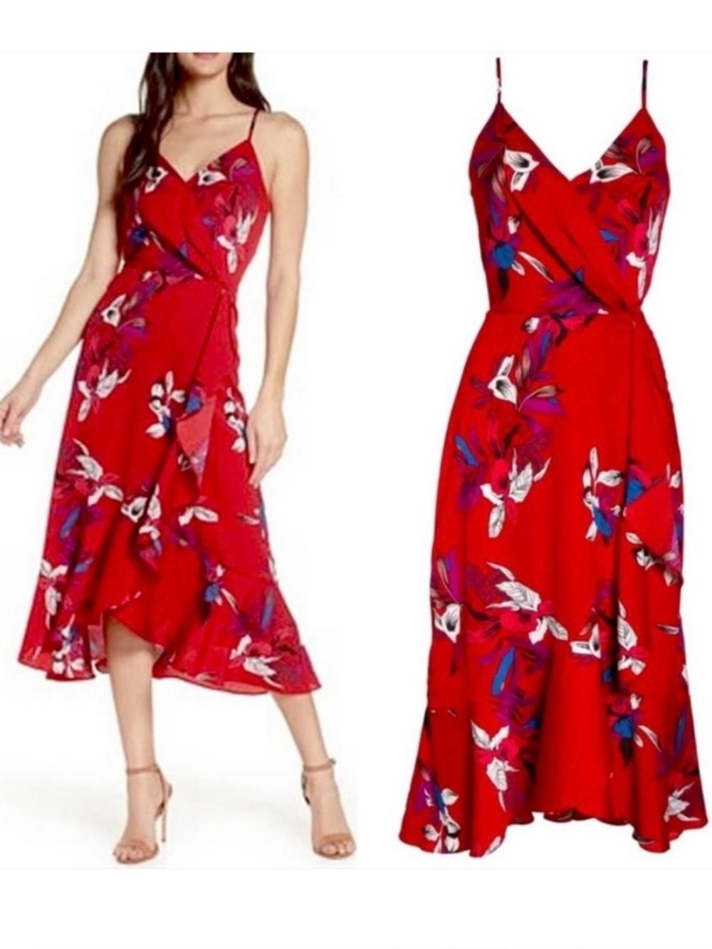 Chelsea 28 Floral Wrap-Front Red Midi Dress